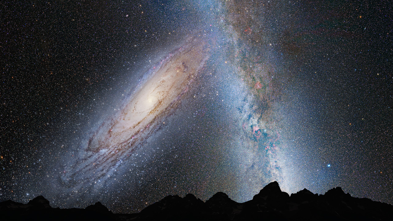 Hình minh họa này cho thấy một giai đoạn trong sự hợp nhất được dự đoán trước giữa thiên hà Ngân Hà của chúng ta và thiên hà Tiên Nữ (Andromeda) lân cận, vì nó sẽ diễn ra trong vài tỷ năm tới. Trong hình ảnh này, đại diện cho bầu trời đêm của Trái Đất trong 3,75 tỷ năm tới, Andromeda (trái) lấp đầy trường nhìn và bắt đầu làm biến dạng Dải Ngân Hà do lực kéo thủy triều. Ảnh: NASA.
