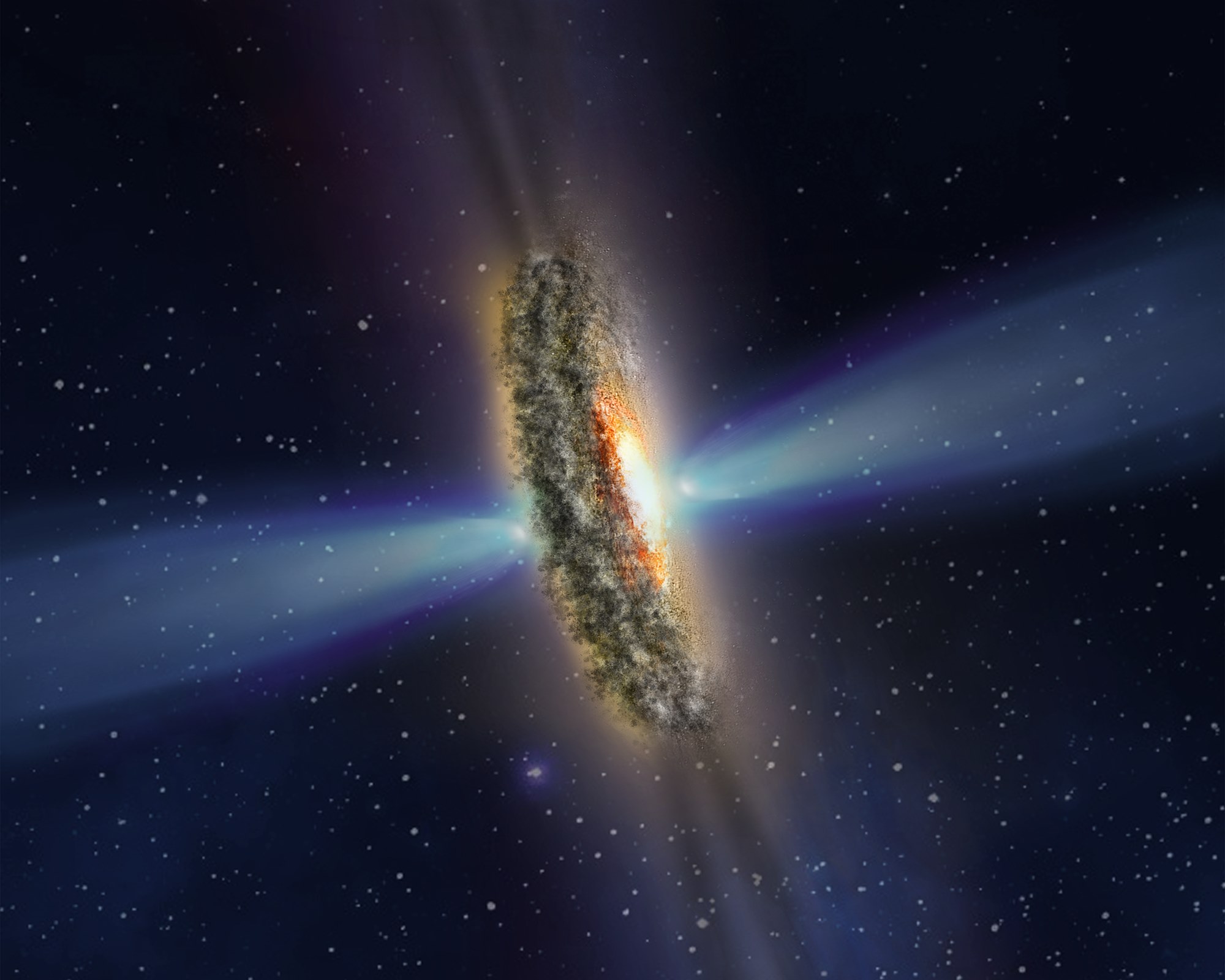 Hình minh họa này mô tả một lời giải thích cho các bóng tối và luồng sáng bí ẩn quan sát được, phát ra từ trung tâm sáng chói của thiên hà đang hoạt động IC 5063.